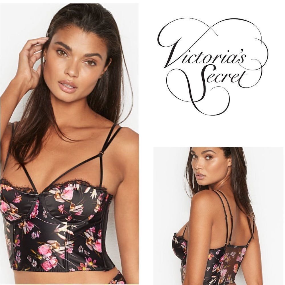 Victoria’s Secret Very Sexy Satin Black Floral Lightly Lined Bustier 32C NWT